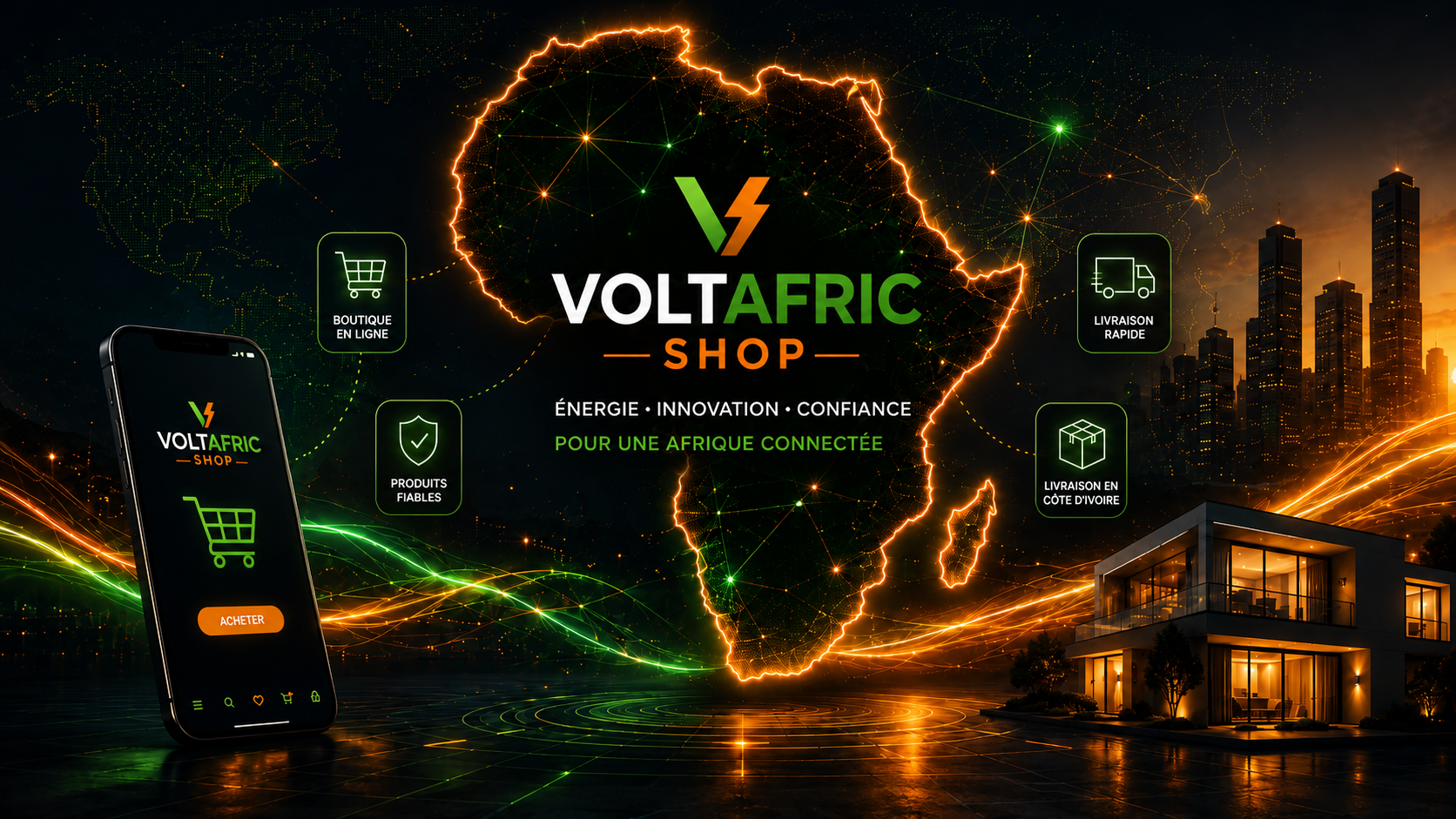 Bannière Voltafric Shop avec solutions pratiques, livraison à Abidjan et paiement à la livraison